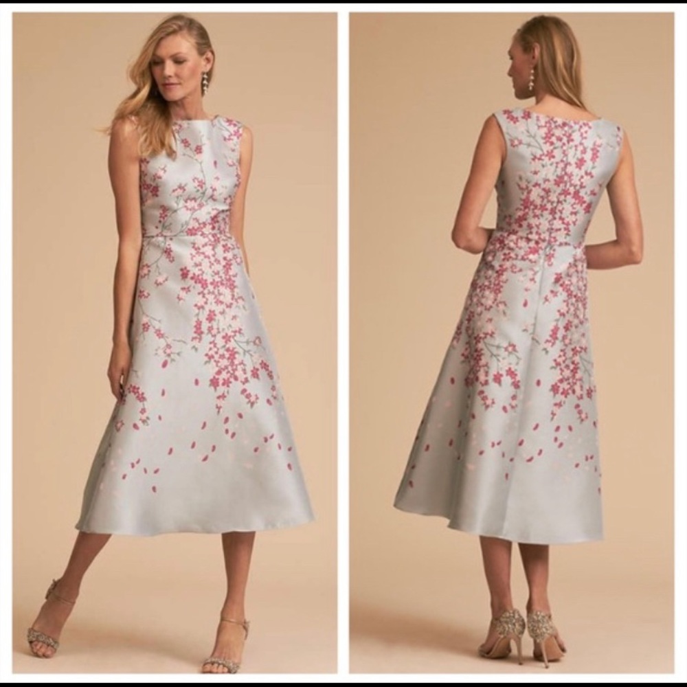 BHLDN Silver A-Line Midi Dress with Pink Floral Embroidery